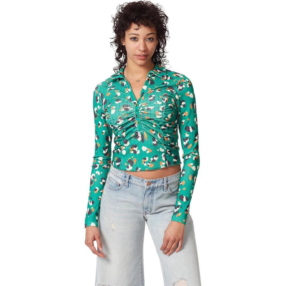 image:imageCircus NY Womens Luna Collared VNeck Knit Pullover TopPepper Green Painter Leopard